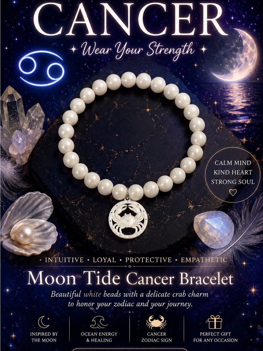 Moon Tide Cancer Bracelet – White Beaded Zodiac Charm